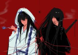  2girls black_hair black_track_suit blue_ribbon bug cigarette dihui_star hair_tied_together hashtag-only_commentary highres holding holding_cigarette holding_smoking_pipe japanese_clothes karasu_crownest kimono limbus_company long_hair looking_at_another mother_and_daughter multiple_girls ootachi project_moon red_background red_eyes red_ribbon ribbon ryoshu_(project_moon) shiomi_yoru_(project_moon) shiromuku simple_background smoke smoking smoking_pipe spider string string_of_fate sword track_suit uchikake weapon white_kimono 