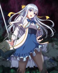  1girl black_pantyhose bow braid capelet coat corset diamond_hair_ornament euphyllia_magenta frilled_skirt frills grey_hair hair_bow high-waist_skirt high_collar highres long_hair long_skirt m.i.y pantyhose parted_bangs ribbon sheath shirt skirt solo standing sword tensei_oujo_to_tensai_reijou_no_mahou_kakumei violet_eyes weapon white_capelet white_coat white_shirt yellow_bow 