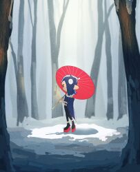  1girl black_pants black_socks blue_hair blue_shawl chest_sarashi forest full_body hairband highres holding holding_umbrella long_hair nature octoling oka_kabe okobo on_ground outdoors pants platform_sandals red_eyes sandals sarashi shawl shiver_(deep_cut_outfit)_(splatoon) shiver_(splatoon) snow socks solo splatoon_(series) splatoon_3 standing tabi tentacle_hair umbrella white_hairband winter 