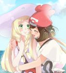  10s 2girls blonde_hair blush breasts brown_hair closed_eyes female female_protagonist_(pokemon_sm) hat lillie_(pokemon) multiple_girls nintendo open_mouth pokemon pokemon_(game) pokemon_sm smile yu_(r_you_orenoyome) yuri 