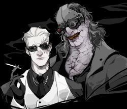  2boys absurdres black_background black_gloves black_necktie black_shirt cigarette closed_mouth coat collared_shirt collared_vest colored_skin cracked_skin cyborg evil_grin evil_smile fangs gloves goggles golden_tooth grin hair_slicked_back hand_up hashtag-only_commentary helmet highres holding holding_cigarette jacket jewelry long_hair long_sleeves looking_at_viewer male_focus mask medium_hair multiple_boys necktie open_clothes purple_skin resident_evil resident_evil_requiem scar scar_across_eye scar_on_face scar_on_mouth sharp_teeth shirt short_hair simple_background smile smoke smoke_trail smoking stitches suit sunglasses teeth upper_body vest victor_gideon white_hair white_vest wide_mouth woodloose204 zeno_(resident_evil) 