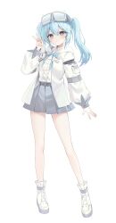  1girl absurdres arahashi_tabi belt belt_buckle blue_eyes blue_hair blue_ribbon blush buckle commentary compass dot_nose double-parted_bangs eyewear_on_head full_body goggles goggles_on_head grey_belt grey_skirt ham99luv hand_up highres jacket long_hair long_sleeves looking_at_viewer miniskirt pleated_skirt ribbon shirt shoes simple_background skirt smile solo standing stellive twintails v virtual_youtuber white_background white_jacket white_shirt white_shoes 