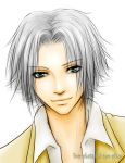  1boy blue_eyes gokudera_hayato katekyo_hitman_reborn male_focus school_uniform silver_hair simple_background solo white_background 