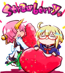  2girls =_= artoria_pendragon_(fate) black_dress black_sailor_collar blue_shirt blush chibi closed_eyes closed_mouth colored_shadow commentary_request dress eating english_text fate/grand_order fate_(series) food frankenstein's_monster_(fate) fruit glasses hair_over_eyes holding holding_food horns kasuga_yuuki long_sleeves multiple_girls mysterious_heroine_x_alter_(fate) pink_hair red-framed_eyewear sailor_collar school_uniform semi-rimless_eyewear serafuku shadow shirt simple_background single_horn strawberry under-rim_eyewear wavy_mouth white_background white_shirt 