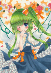  1girl alternate_costume blue_skirt blush bow bowtie collared_shirt commentary_request daiyousei fairy fairy_wings falling_petals flower flower_request green_hair hair_bow long_hair looking_at_viewer marker_(medium) one_eye_closed orange_bow orange_flower petals pink_flower pink_petals pink_rose puffy_short_sleeves puffy_sleeves rose shirt short_sleeves skirt solo touhou traditional_media white_flower white_shirt wings yellow_bow yellow_bowtie zenra1112 