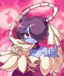  1girl bare_shoulders bigdead93 blue_skin breasts cleavage detached_collar detached_sleeves hair_over_one_eye leviathan_(skullgirls) lipstick long_hair makeup purple_hair red_eyes side_ponytail skull skullgirls squigly_(skullgirls) stitched_mouth striped striped_sleeves zombie 