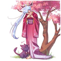  1girl alternate_costume animalization artist_name barefoot black_cat black_eyes blush breasts cat closed_mouth commentary diorama english_commentary eyeliner feathers floral_print_sleeves full_body furisode genshin_impact grass hair_behind_ear hair_ornament hair_over_one_eye hands_on_own_chest hands_up high_ponytail japanese_clothes kamisato_ayaka kimono makeup obi obiage outdoors pink_sleeves pom_pom_(clothes) ponytail red_eyeliner red_kimono riina_606 sash scaramouche_(cat)_(genshin_impact) scaramouche_(genshin_impact) small_breasts smile sound_effects standing string tree white_background white_hair yellow_feathers 