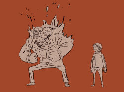  2boys angry beard eyewear_on_head facial_hair full_body highres incoming_attack katsumi_ishizuka koby_(one_piece) looking_at_another monkey_d._garp monochrome multiple_boys one_piece red_background short_hair simple_background suit 