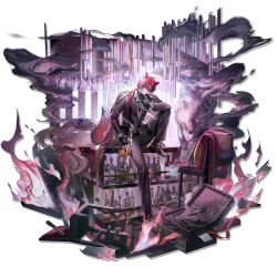  1boy animal_ear_fluff animal_ears arknights bar_(place) belt belt_pouch black_belt black_bodysuit black_gloves bodysuit bodysuit_under_clothes briefcase broken_furniture brown_shoes business_suit chain chain_necklace closed_mouth coat coat_on_shoulders collared_shirt cup demetri_certaldo_(arknights) drinking_glass earrings fingerless_gloves fire full_body fur-trimmed_coat fur_trim glass_bottle gloves gold_chain gold_trim grey_jacket grey_pants hair_between_eyes halftone highres holding holding_knife holding_lighter indoors infection_monitor_(arknights) jacket jewelry knife lapels leg_belt leg_up lighter loafers looking_at_viewer lowro_(en) multicolored_hair necklace non-web_source notched_lapels o-ring official_art on_counter open_clothes open_coat open_jacket orange_belt pants ponytail pouch red_coat red_hair shirt shoes shoulder_belt single_earring sitting smoke solo streaked_hair striped_clothes striped_jacket striped_pants studio_montagne suit tachi-e tail transparent_background two-tone_hair unworn_coat vertical-striped_clothes vertical-striped_jacket vertical-striped_pants violet_eyes white_hair white_shirt wolf wolf_boy wolf_ears wolf_tail 