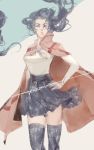  1girl artist_name black_hair cape grey_eyes hair_over_one_eye hand_on_hip jojo_no_kimyou_na_bouken pleated_skirt rynisyou signature skirt solo thigh-highs yamagishi_yukako zettai_ryouiki 