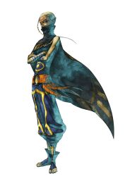  1girl absurdres arm_wrap bangs_pinned_back bare_shoulders black_cloak blue_jumpsuit blue_socks breasts bridal_legwear cloak covered_mouth crossed_arms dark-skinned_female dark_skin facial_mark feathers forehead_mark full_body high_collar highres impa jumpsuit looking_at_viewer o-ring official_art pointy_ears red_eyes red_feathers sash short_hair_with_long_locks sleeveless_jumpsuit small_breasts socks solo standing takumi_wada teardrop_facial_mark the_legend_of_zelda the_legend_of_zelda:_skyward_sword third-party_source white_hair 