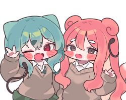 2girls blush brown_sweater bulbasaur chibi chibi_only collared_shirt commentary_request crossed_bangs fang green_hair green_skirt gyaru_bulbasaur_(shin_no_tenpii) gyaru_slowpoke_(shin_no_tenpii) hair_between_eyes highres long_sleeves looking_at_viewer mming_(mmingis18) multiple_girls one_eye_closed open_mouth personification pink_hair pokemon pokemon_pokopia red_eyes shirt simple_background skirt sleeves_past_wrists slowpoke sweater w white_background white_shirt 