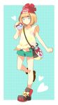  10s 1girl bag beanie blue_eyes brown_hair female_protagonist_(pokemon_sm) hat poke_ball pokemon pokemon_(game) pokemon_sm shorts solo 
