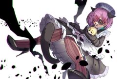  1girl alternate_costume animal_ears animal_hands bespectacled black_dress black_shoes blush book brown_pantyhose cat_ears cat_girl cat_tail censored character_doll closed_mouth commentary doll dress dutch_angle enmaided extra_ears eyepatch foreshortening frilled_dress frills full_body glasses gloves green_eyes grey_hat hair_behind_ear hat heaven_burns_red high_heels highres holding holding_doll kemonomimi_mode knees_together_feet_apart lollipop_in_mouth looking_down maid medium_hair mosaic_censoring nanase_nanami_(heaven_burns_red) null1000_4869 one_eye_covered open_book pantyhose paw_gloves purple_hair reading red_eyes round_eyewear shoe_soles shoes simple_background solo striped_clothes striped_pantyhose tail tezuka_saki vertical-striped_clothes vertical-striped_pantyhose white_background 