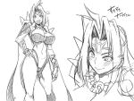  1girl breasts cape long_hair monochrome naga_the_serpent obui shoulder_spikes sketch slayers smile solo spikes thong 