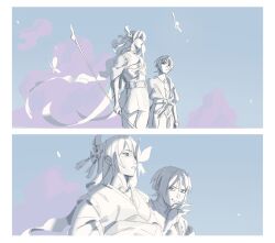  1boy 1girl alternate_costume alternate_universe blue_sky braid bug butterfly butterfly_on_nose clouds cloudy_sky from_side genshin_impact hair_ornament highres holding holding_polearm holding_weapon japanese_clothes looking_ahead looking_at_animal looking_down looking_to_the_side mole mole_under_eye monochrome mother_and_son outdoors parted_lips polearm raiden_shogun scaramouche_(genshin_impact) shade single_braid sky smirk standing upper_body wanderer_(genshin_impact) weapon wind zurka_durka 