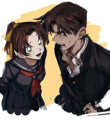  1boy 1girl absurdres black_jacket brown_hair buttons commentary_request hands_on_own_hips hattori_heiji highres jacket looking_at_another meitantei_conan neckerchief open_mouth pleated_skirt ponytail red_neckerchief ribbon sailor_collar school_uniform skirt tan tkc_(tkoshinchan) tooyama_kazuha yellow_ribbon 