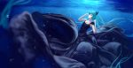  1girl aqua_eyes aqua_hair blue bubbles dress female hatsune_miku long_hair solo sombernight twintails underwater vocaloid water 