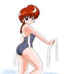  1girl ass back bare_shoulders blue_eyes braid breasts climbing from_side genderswap kj_(k777) ladder legs long_hair looking_at_viewer looking_to_the_side ponytail pool ranma-chan ranma_1/2 redhead saotome_ranma simple_background sleeveless swimsuit tagme thighs white_background 