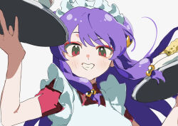  1girl 333takoyaki absurdres apron chinese_clothes commentary_request double_bun eyeshadow hair_bun hair_ornament highres long_hair looking_at_viewer makeup purple_hair ranma_1/2 red_eyes red_eyeshadow shampoo_(ranma_1/2) sidelocks white_apron white_background 