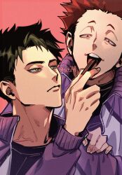  2boys chocolate closed_eyes food green_eyes green_hair haikyuu!! hand_on_another's_shoulder highres holding holding_chocolate holding_food jacket male_focus multiple_boys open_mouth purple_jacket red_eyes red_hair short_hair tendou_satori tkr_241 track_suit ushijima_wakatoshi 