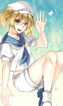  1girl blonde_hair dress hand_up kaede_(mmkeyy) kitashirakawa_chiyuri open_mouth sailor_dress shorts solo star touhou touhou_(pc-98) yellow_eyes 