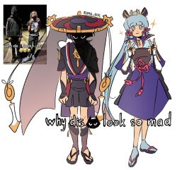  1boy 1girl :3 aqua_eyes aqua_hair armor arms_at_sides black_bodysuit black_bow black_bridal_gauntlets black_eyes black_hair black_hat black_kimono black_sandals black_shorts black_sleeves blunt_ends blunt_tresses blush_stickers bodysuit bow bridal_gauntlets chinese_knot clenched_hands commentary dou double_v english_commentary english_text full_body furisode genshin_impact glaring gold grey_veil hair_bow hair_ornament hands_up hat high_collar high_ponytail japanese_armor japanese_clothes jinbaori jingasa juban kamisato_ayaka kimono kote kurokote kusazuri layered_sleeves looking_at_viewer medium_skirt meme meme_inset o-ring open_clothes open_kimono ponytail purple_sash purple_skirt purple_sleeves red_hat red_kimono riina_606 sandals sash scaramouche_(cat)_(genshin_impact) scaramouche_(genshin_impact) see-through_clothes see-through_veil short_sleeves shorts skirt slouching smile socks standing tabi toeless_legwear two-tone_hat v veil white_background white_kimono white_socks why_dis_ninja_look_so_mad_(meme) zouri 