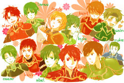  6+boys abel_(fire_emblem) alen_(fire_emblem) armor blue_armor brown_hair cain_(fire_emblem:_shadow_dragon) character_name commentary_request cropped_torso fire_emblem fire_emblem:_mystery_of_the_emblem fire_emblem:_path_of_radiance fire_emblem:_the_binding_blade fire_emblem:_the_blazing_blade fire_emblem:_the_sacred_stones forde_(fire_emblem) green_armor green_eyes green_hair kent_(fire_emblem) kieran_(fire_emblem) kyle_(fire_emblem) lance_(fire_emblem) luke_(fire_emblem) male_focus mkorokke multiple_boys oscar_(fire_emblem) red_armor red_eyes red_hair roderick_(fire_emblem) sain_(fire_emblem) short_hair 