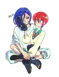  1boy 1girl amate_yuzuriha aqua_eyes aqua_hair aqua_shirt aqua_skirt arm_around_waist between_legs black_gloves blue_hair blush borrowed_accessory borrowed_clothes capri_pants colored_inner_hair eye_contact ggg_3 gloves gundam gundam_gquuuuuux hand_on_another's_cheek hand_on_another's_face highres holding_hands indian_style korean_commentary korean_text light_blush light_smile looking_at_another multicolored_hair necktie one_eye_closed pants red_eyes red_hair red_necktie school_uniform shirt short_hair shuji_ito sitting sitting_on_person skirt sleeves_rolled_up sweater translation_request two-tone_hair wavy_hair white_background white_pants white_shirt white_sweater work_gloves 