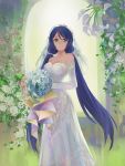  1girl bouquet breasts bridal_veil cleavage dress flower green_eyes highres large_breasts long_hair love_live! love_live!_school_idol_project purple_hair rose see-through smile solo toujou_nozomi twintails veil wedding wedding_dress white_dress zhaitengjingcang 