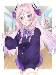  !? 1girl :o absurdres alternate_costume blue_eyes blush border bow bowtie braid cardigan citlali_(genshin_impact) commentary_request contemporary cowboy_shot double-parted_bangs facial_mark forehead_mark genshin_impact hair_between_eyes hair_bow hair_ornament highres long_hair long_sleeves looking_at_viewer miniskirt miyu_10969 open_mouth outside_border pink_hair pink_pupils purple_bow purple_bowtie purple_cardigan purple_skirt sketch skirt solo spoken_interrobang triangle triangle_facial_mark twin_braids white_border 