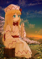  1girl absurdres blonde_hair blue_eyes bow bowtie capelet cherry_blossoms commentary_request dandelion dandelion_clock dandelion_seed dress ekaapetto english_commentary evening fairy fairy_wings flower grass hat hat_bow highres holding lily_white long_hair long_sleeves making-of_available mountainous_horizon on_tree_stump outdoors paid_reward_available red_bow red_bowtie shoes sitting socks solo touhou white_capelet white_dress white_hat white_socks wide_sleeves wings 