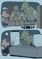  baseball_cap business_suit can clock computer desk ditto drink_can exhausted gameplay_mechanics hashtag-only_commentary hat highres laptop monster_energy necktie scyther suit transformed_ditto vetiver 