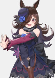  1girl animal_ears bare_shoulders blue_dress blue_flower blue_hat blue_rose blush breasts brown_hair commentary_request dagger dress flipped_hair flower fur_choker gomashiwo_o hair_over_one_eye hat hat_flower horse_ears horse_girl knife long_bangs long_hair long_sleeves looking_at_viewer off-shoulder_dress off_shoulder open_mouth rice_shower_(rosy_dreams)_(umamusume) rice_shower_(umamusume) rose sheath sheathed simple_background small_breasts smile solo tilted_headwear umamusume violet_eyes weapon 