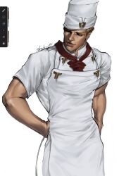  1boy apron artist_name blonde_hair chef chef_hat diamond_wa_kudakenai earrings english_commentary hand_on_own_hip hat highres jewelry jojo_no_kimyou_na_bouken male_focus muscular muscular_male neckerchief red_neckerchief shirt short_hair short_sleeves shradow34 signature simple_background smile solo tonio_trussardi white_apron white_background white_hat white_shirt 
