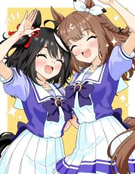  2girls ahoge almond_eye_(umamusume) animal_ears black_hair blush bow bow_hairband bowtie braid braided_sidelocks breasts brown_hair closed_eyes colored_inner_hair commentary_request facing_viewer hair_between_eyes hair_ornament hairband hairclip highres horse_ears horse_girl horse_tail kitasan_black_(umamusume) long_hair medium_breasts multicolored_hair multiple_girls open_mouth pleated_skirt puffy_short_sleeves puffy_sleeves purple_bow purple_bowtie purple_shirt sailor_collar sailor_shirt school_uniform shirt short_hair short_sleeves skirt smapy_sumataku smile sparkle streaked_hair tail teeth tracen_school_uniform umamusume upper_teeth_only white_hair white_hairband white_sailor_collar white_skirt 