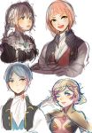  2boys 2girls artist_request blonde_hair blue_eyes blue_hair blush braid breasts butler cape circlet felicia_(fire_emblem_if) fire_emblem fire_emblem_if flora_(fire_emblem_if) genderswap gloves grey_hair hairband joker_(fire_emblem_if) long_hair maid multiple_boys multiple_girls odin_(fire_emblem_if) one_eye_closed open_mouth pink_hair short_hair simple_background single_braid smile violet_eyes white_background 