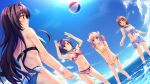  4girls arms_up ball bare_arms bare_legs bare_shoulders beach beachball bikini black_hair blonde_hair blue_eyes blush breasts cleavage game_cg green_bikini happy highres large_breasts legs long_hair looking_up multiple_girls navel ocean open_mouth outdoors parted_lips pink_hair ponytail purple_hair red_eyes sakura_no_mori_dreamers sarong sideboob sky small_breasts smile standing sun sunlight swimsuit thighs twintails violet_eyes water yamakaze_ran yellow_bikini yellow_eyes 
