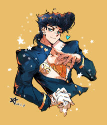  1boy bandaid bandaid_on_face black_hair blue_coat blue_eyes bracelet coat cropped_torso diamond_wa_kudakenai dress english_commentary gakuran gold_bracelet heart heart_ornament higashikata_josuke high_collar highres jewelry jojo_no_kimyou_na_bouken long_sleeves looking_at_viewer male_focus orange_shirt peace_symbol pompadour school_uniform sherytan shirt solo star_(symbol) white_dress 