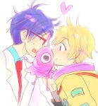  2boys astronaut blonde_hair blue_hair free! future_fish glasses hazuki_nagisa male_focus multiple_boys pink_eyes ryuugazaki_rei violet_eyes 