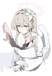  1girl 1other :/ absurdres angel_wings black_neckerchief blue_archive brown_hair capelet chest_harness commentary dress feathered_wings flower hair_flower hair_ornament halo harness highres light_blush long_hair long_sleeves maton_3110 nagisa_(blue_archive) neckerchief own_hands_together pink_halo simple_background small_sweatdrop upper_body white_background white_capelet white_dress white_wings wings yellow_eyes 