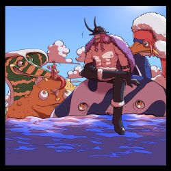  armband black_gloves boots braid breasts coat fur_coat giant giantess gloves hair_rings helmet highres horns huge_breasts loki_(one_piece) mermaid monster_girl musicplane ocean one_piece pink_hair sea_king_(one_piece) sea_monster shirahoshi 