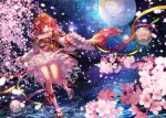  1girl cherry_blossom dress female flower hair_flower hair_ornament highres moon night original red_eyes redhead sandals sky smile solo star_(sky) terai tied_hair tree twintails water 