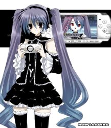  1girl 2000s_(style) bare_shoulders black_hairband black_necktie black_shirt black_skirt black_sleeves black_thighhighs blue_hair cowboy_shot detached_sleeves english_commentary frilled_shirt frilled_skirt frilled_sleeves frilled_thighhighs frills gameplay_mechanics gradient_hair hair_between_eyes hairband handheld_game_console hatsune_miku hatsune_miku_(infinity) hatsune_miku_no_gekishou_(vocaloid) holding holding_handheld_game_console long_hair meta multicolored_hair necktie pale_skin playing_games playing_video_games playstation_portable project_diva_(series) project_diva_2nd purple_hair red_eyes shirt skirt sleeveless sleeveless_shirt sweatdrop takanashi_(takanya_shi) thigh-highs twintails twitter_username very_long_hair vocaloid white_background white_trim 