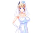 1girl bare_shoulders blonde_hair blush breasts bridal_veil bride character_request cleavage cowboy_shot demon_girl earrings eyebrows eyebrows_visible_through_hair flower game_cg gloves hair_flower hair_up hand_on_hip highres horns large_breasts long_hair looking_at_viewer mashouki_tiruana_haramase_saimin parted_lips saxasa simple_background smile solo standing strapless upper_body violet_eyes wedding_dress white_background white_gloves 