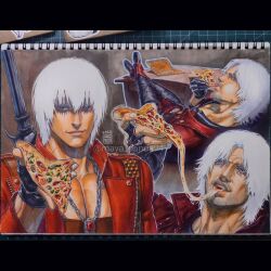  1boy artist_name black_gloves black_pants blue_eyes brown_shirt coat dante_(devil_may_cry) devil_may_cry_(series) devil_may_cry_3 devil_may_cry_4 devil_may_cry_5 eating facial_hair fingerless_gloves food gloves holding holding_food holding_pizza jewelry leather leather_pants looking_at_viewer male_focus marker_(medium) maya_panda multiple_views necklace open_clothes open_coat pants pectorals photoshop_(medium) pizza pizza_box pizza_slice red_coat shirt short_hair sitting smile stubble sword sword_on_back toned toned_male traditional_media weapon weapon_on_back white_hair zipper zipper_pull_tab 