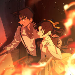  1boy 1girl absurdres black_pants blue_eyes commentary_request fire green_eyes hand_on_another's_shoulder hattori_heiji highres jacket jacket_on_shoulders meitantei_conan open_mouth pants ponytail ribbon scared short_hair skirt suspenders tkc_(tkoshinchan) tooyama_kazuha yellow_ribbon yellow_skirt 