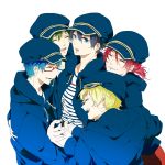  5boys free! glasses hat hazuki_nagisa male_focus matsuoka_rin multiple_boys nanase_haruka_(free!) ryuugazaki_rei tachibana_makoto 