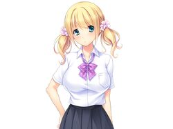  1girl ayase_hazuki blonde_hair blue_eyes blush bow breasts collared_shirt cowboy_shot eyebrows eyebrows_visible_through_hair game_cg grey_skirt highres large_breasts looking_at_viewer nise_bitch school_uniform serious short_sleeves simple_background skirt solo standing twintails white_background 