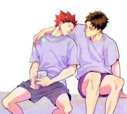  2boys adam's_apple black_shorts closed_eyes closed_mouth cup green_eyes green_hair grey_shirt haikyuu!! hand_on_another's_shoulder head_on_arm highres holding holding_cup male_focus multiple_boys red_eyes red_hair shirt short_hair shorts simple_background sitting sleeping t-shirt tendou_satori tkr_241 ushijima_wakatoshi white_background 